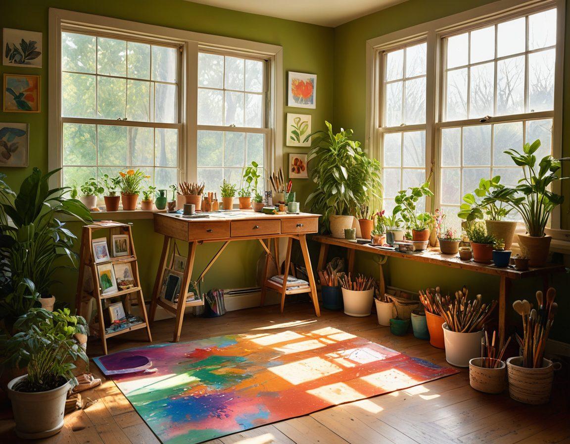 A cozy artist's studio filled with vibrant paint splashes and an array of colorful canvases, depicting a passionate artist at work, surrounded by brushes and art supplies. The sunlight filters through a large window, illuminating the warmth of the studio and casting playful shadows on the floor. Include lush plants to symbolize growth and affection in creativity. whimsical art style. vibrant colors. soft lighting.