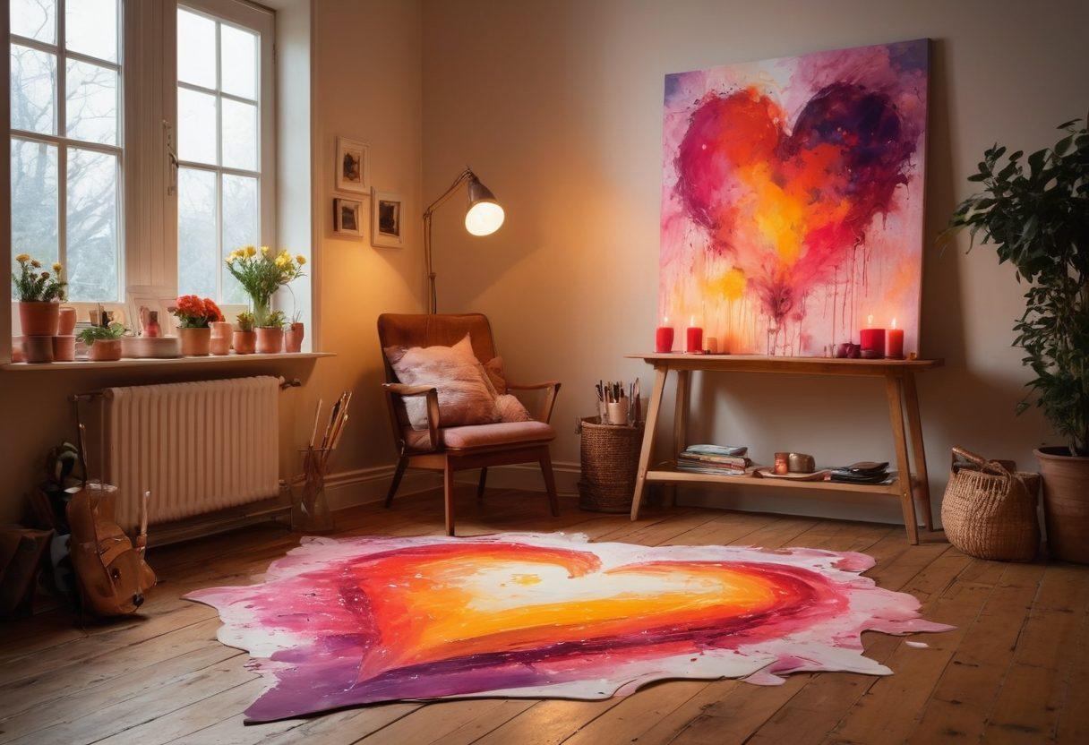 A cozy artist's studio filled with vibrant art supplies, featuring a canvas showcasing an abstract representation of love and passion, surrounded by soft candlelight and fresh flowers. Paint splatters in heart shapes across the floor evoke warmth and intimacy. The scene captures the essence of creativity intertwined with romance. warm tones. soft lighting. super-realistic.